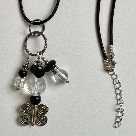 Necklace handmade 3 tier dangle silver butterfly black clear silver beads OOAK - Picture 3 of 10